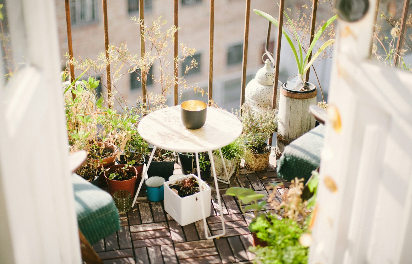 Cozy apartment balcony with potted plants and a table.